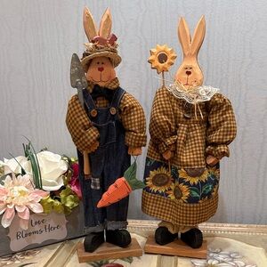 Vintage Wooden Easter Bunny Country Couple Farmers Primitive Country Folk Art